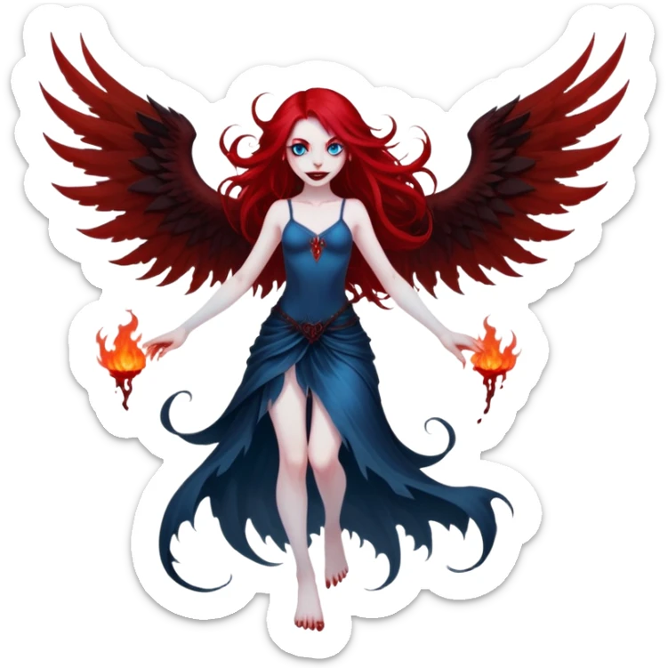 full body portrait of an extremely diabolical girl with pale white skin, massive towering wings, very long flowing blood red hair, glowing blue eyes, evil grin, no accessories, with swirling red and black smog/smoke at the bottom of her feet sticker