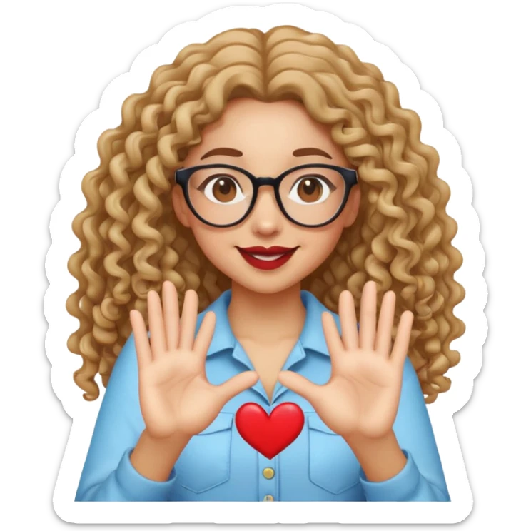 Light skin girl with long curly hair and glasses winking doing heart hands  sticker