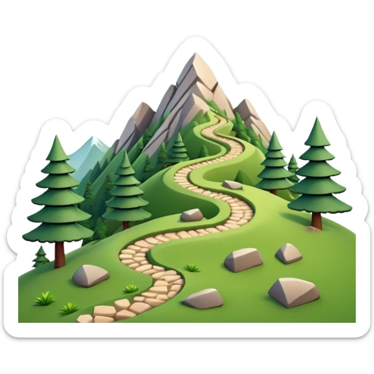 A 3D cartoon mountain trail winding up green slopes with stones and pine trees, distant peaks in background, warm daylight, Memoji-style. sticker