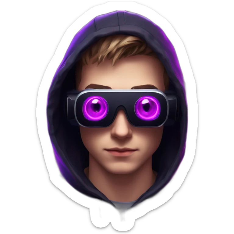 Russian young man wearing a black hoodie with "OMG" letters on it and VR headset in a cyberpunk VR environment with violet neon lighting. sticker