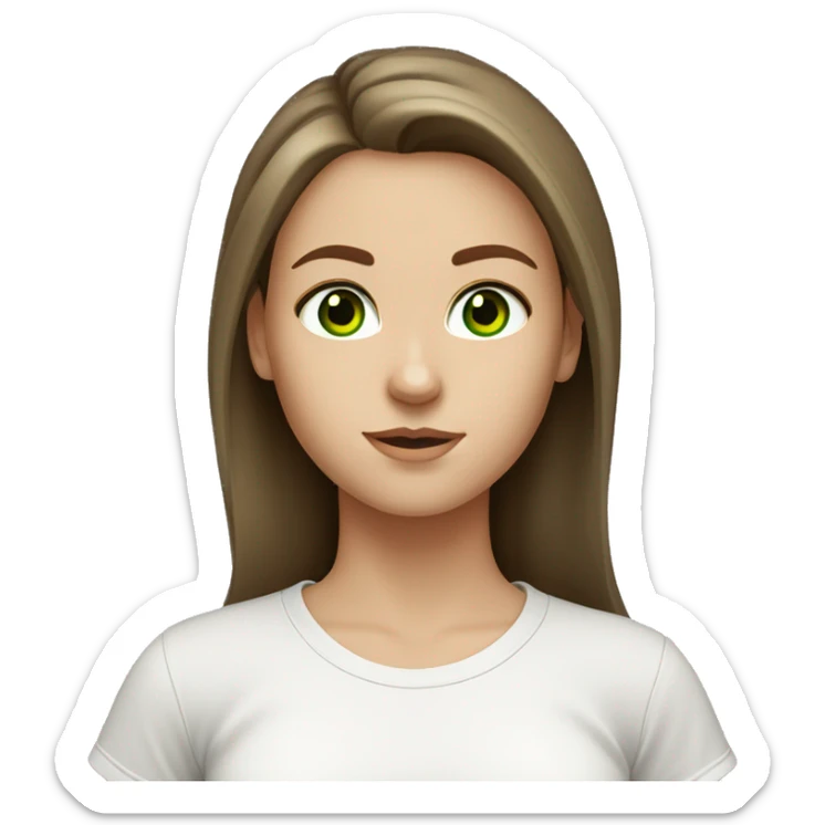 A white girl with green eyes and loose brown hair in a white T-shirt sticker