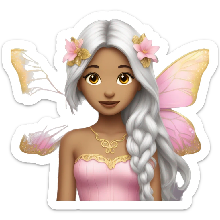 Beautiful, flower, fairy, pink, gold, silver, long hair, butterfly wings sticker