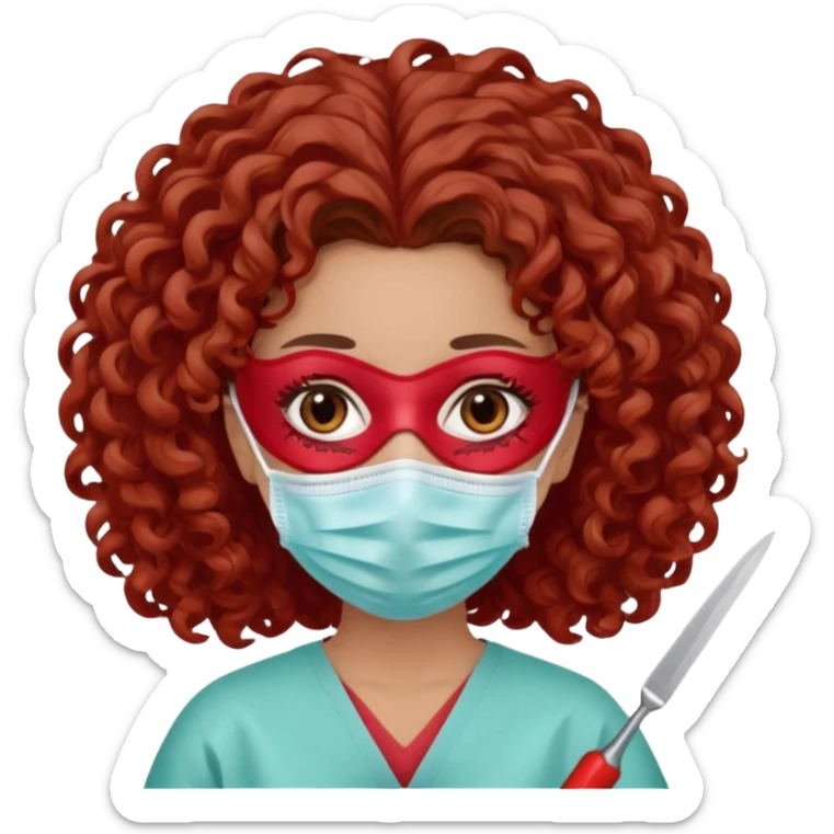 Lilith symbol seductress evil surgeon. Hair curly, and brown. Long curly brown hair. Red surgical mask and hair covering. She works for cartel and kills  with a scalpel. sticker