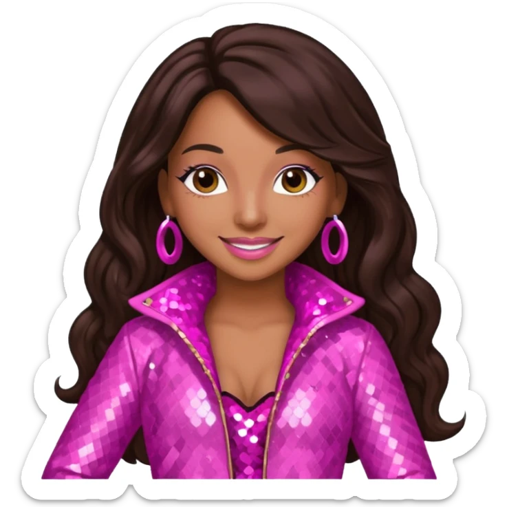 Mya, R&B Singer with dark brown long hair, pink sequin outfit sticker