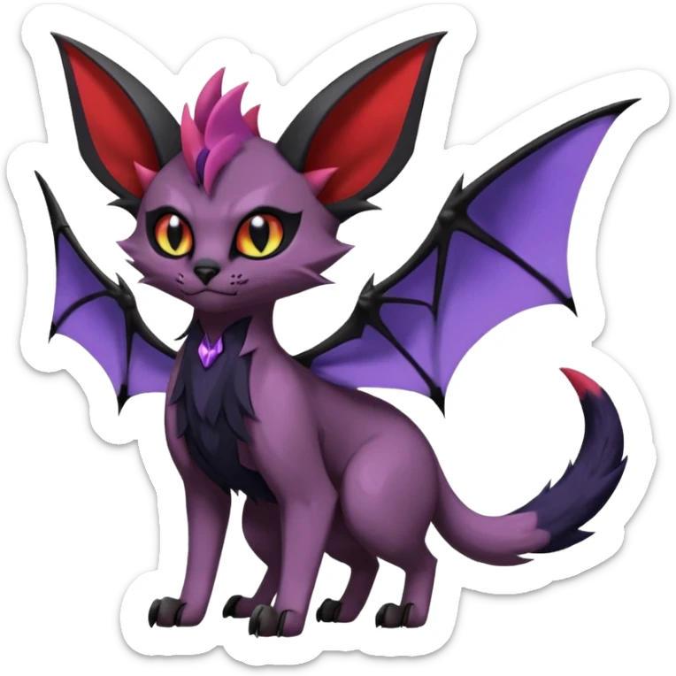 Black edgy Noivern-Noibat-Purloin-Torracat-Lykoi-Caracal-cat-Fakemon-fusion-hybrid-creature with with tufted ears, tufted tail, bat wings as ears, head wings, ear wings, vampiric, batty, violet and red scale markings sticker