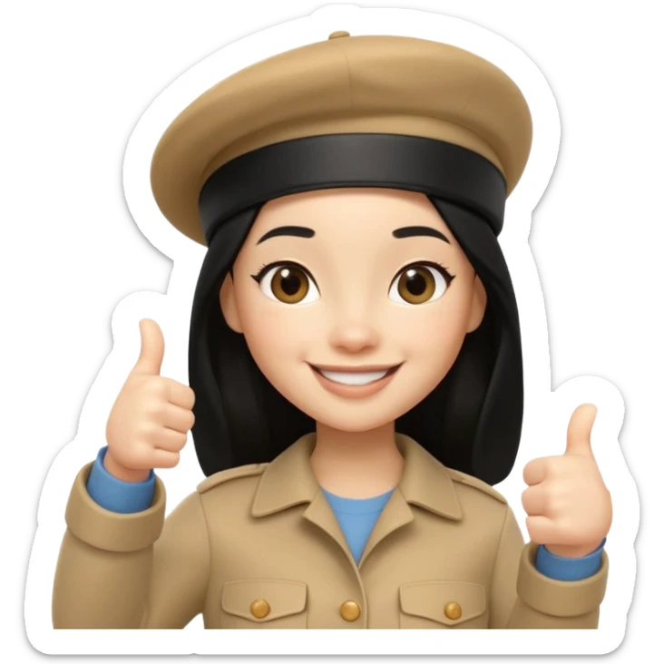 3D cartoon female character giving thumbs up, wearing beige beret, long black hair, smiling warmly with confident expression, clean white background, Pixar-style lighting, cute and friendly iPhone memoji aesthetic, high quality soft shading, centered composition sticker