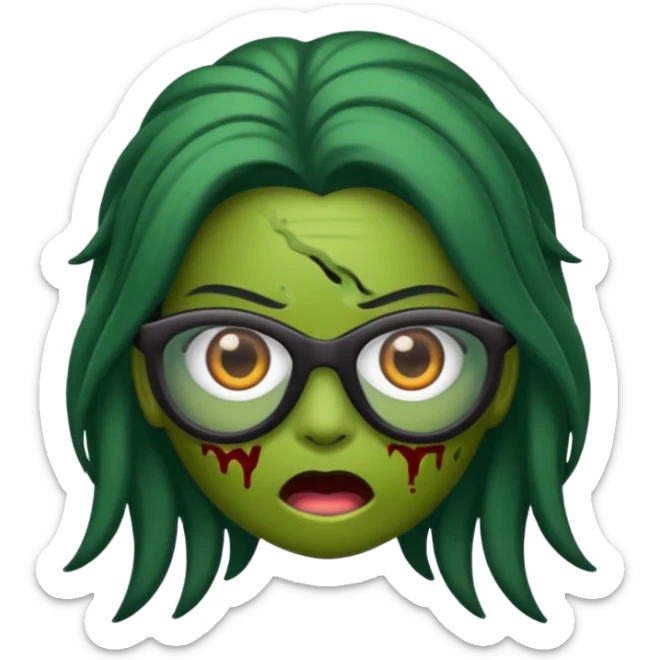 crie um emoji de zumbi feminino, com pele verde, óculos preto e cabelo longo preto sticker