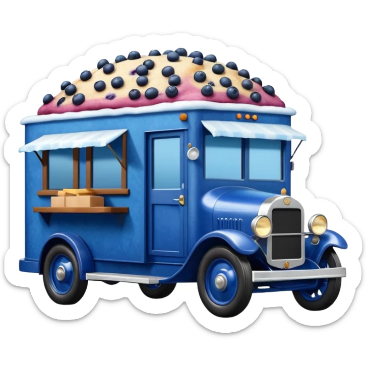 shiny crushed-dark-blue crystal-bodied frozen blueberry muffin pie 1912 antique long-wheelbase cab over durable-looking low rider moving truck food truck  sticker