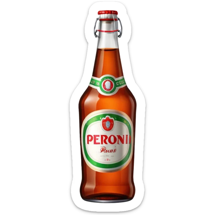 Glass bottle Peroni with red marketing tape and a brown glass bottle color sticker
