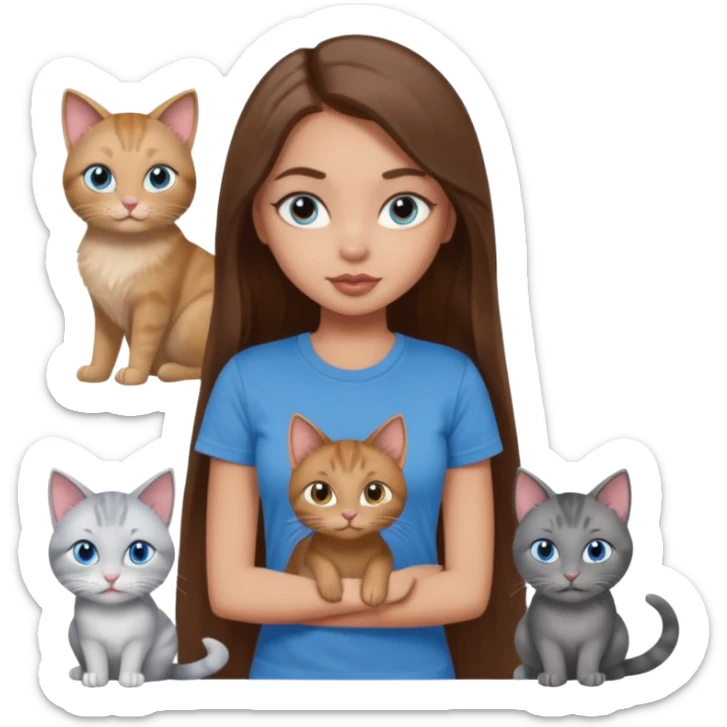 a pretty bratz dusky light skin girl with long brown hair, blue eyes with six cats nd wearing a grey tshirt sticker