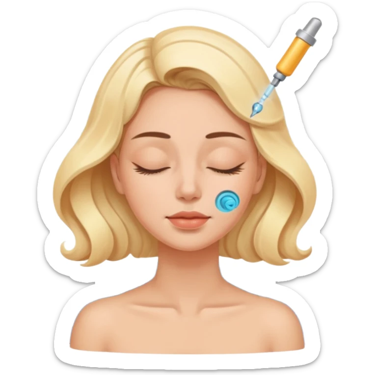 Emoji of a woman with eyes closed, getting an ultrasonic cavitation treatment on her cheek, blue waves showing vibration sticker
