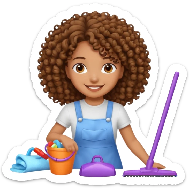 brown girl with curly hair cleaning toys from the floor sticker
