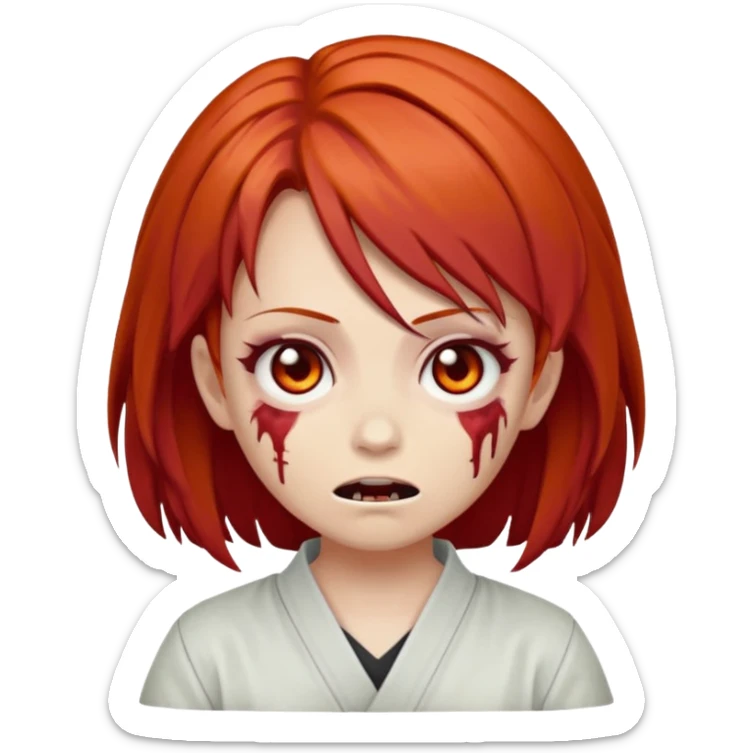 zombie emoji Paklov, dark orange red hair, hair styled in the shape of megumi from jujutsu kaizen, sticker