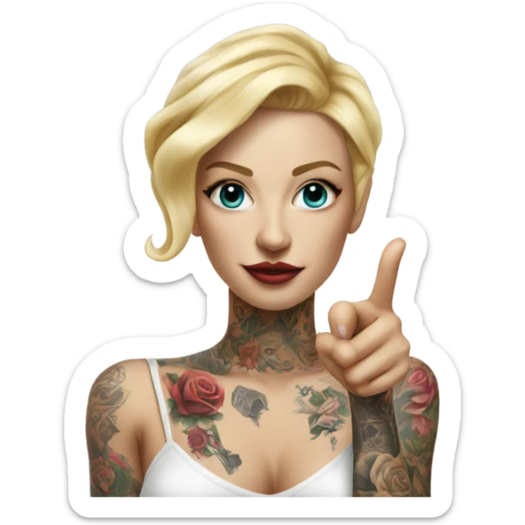 Blonde elegant women, her Body Covered with Tattoos, POINTING YOU with her HAND , Hyper realistic sticker