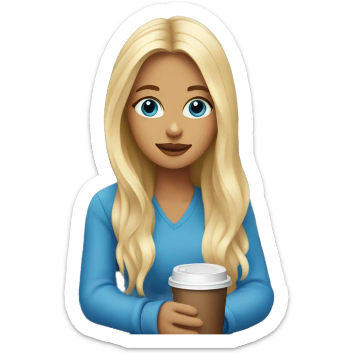 blonde girl with long hair and blue eyes sitting outside a coffee shop with a coffee  sticker