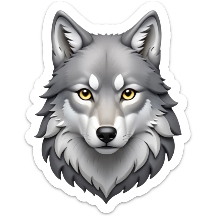 cinematic-noble-wolf-portrait-emoji,-poised-and-regal,-with-a-strong,-lean-build-and-a-sleek,-fur-of-grey-and-white,-deep-set-soulful-piercing-eyes,-simplified-yet-sharp-and-sophisticated-features,-highly-detailed,-full-body, zoomed out showing shoulders sticker