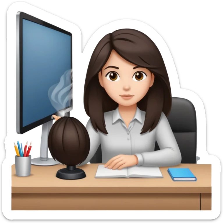 girl with dark brown/black hair with fresh blowout sitting at a desk  sticker