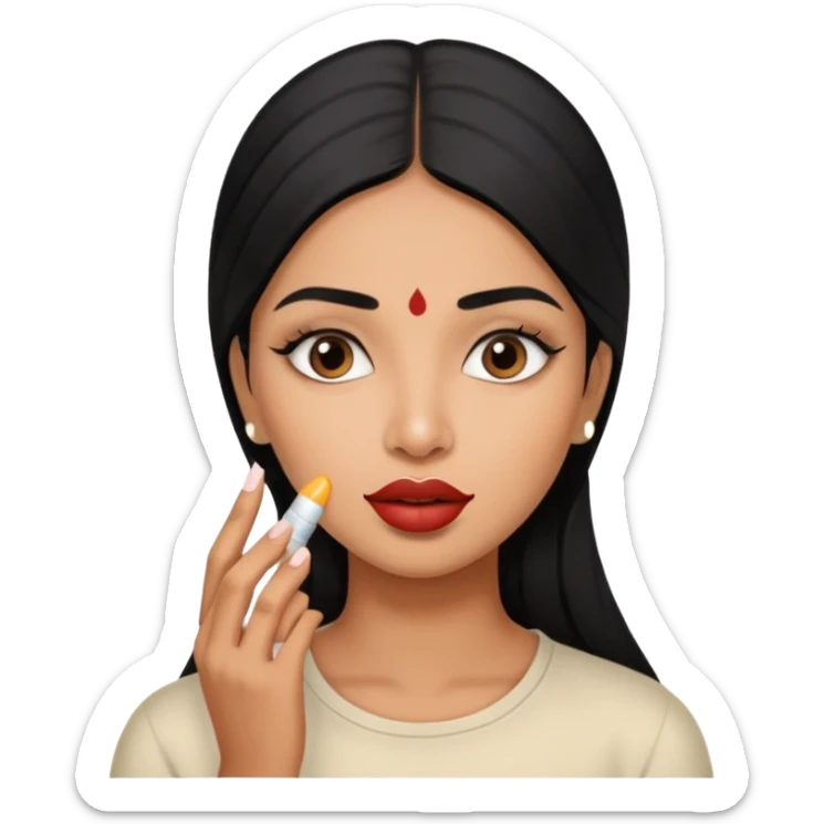 A gorgeous indian with black hair women applying lipbalm on her brown lips sticker