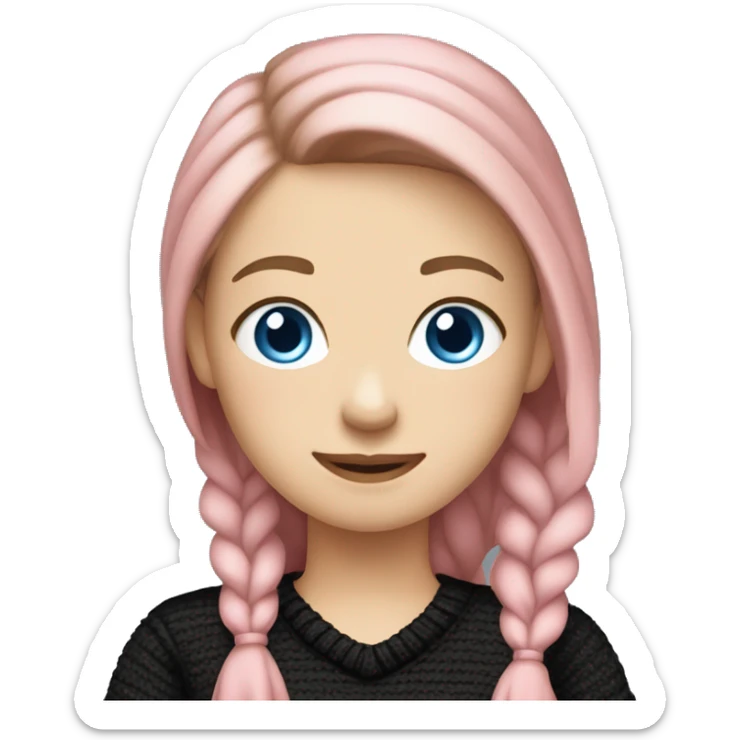 caucasian white IT girl student, holding pink laptop, blue eyes, brown hair ponytail wearing a thick black sweater sticker
