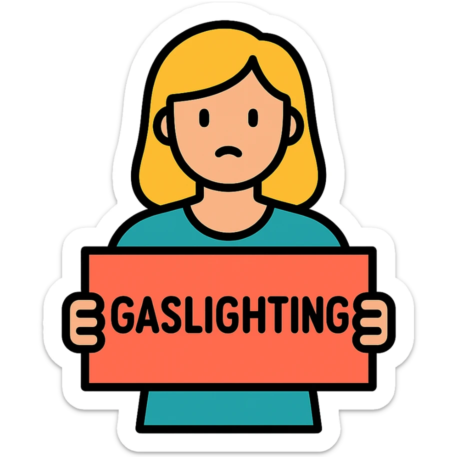 modern illustration of a woman holding a sign that says 'Gaslighting', clear readable text sticker