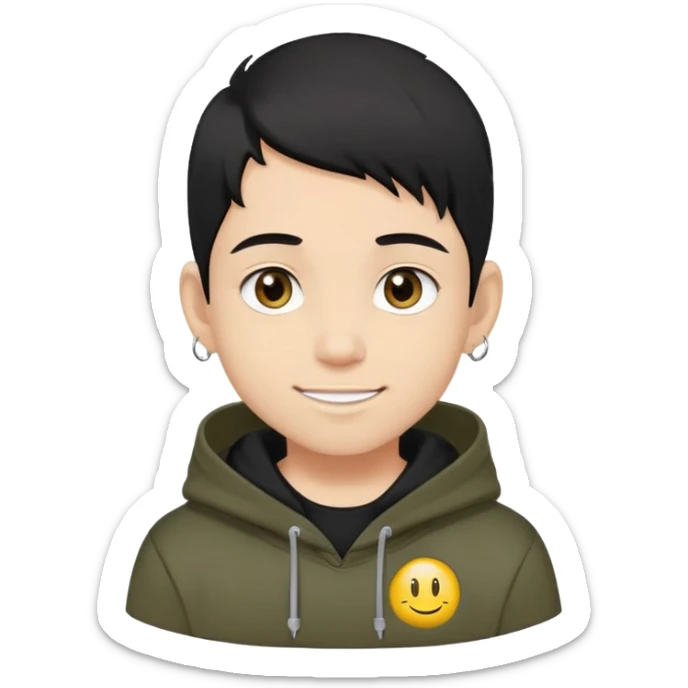 boy with military cut black hair, brown eyes, wearing 2 circle earrings and a black hoodie with a smiley face sticker