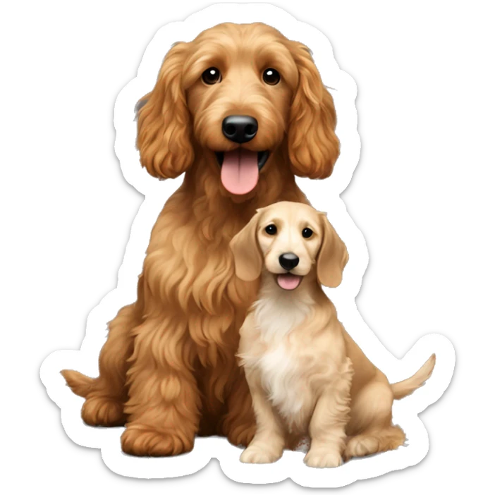 Brown golden doodle and black and tan and cream longhair dachshund sitting together  sticker