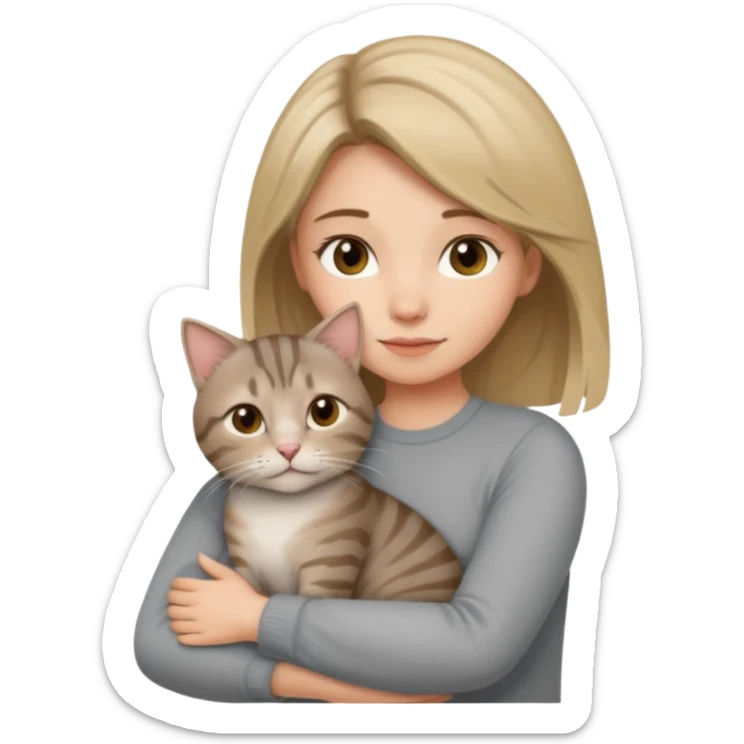 Une femme avec les cheveux dégradée, brun clair et blond, qui fait un câlin à son chat gris, tigré  sticker