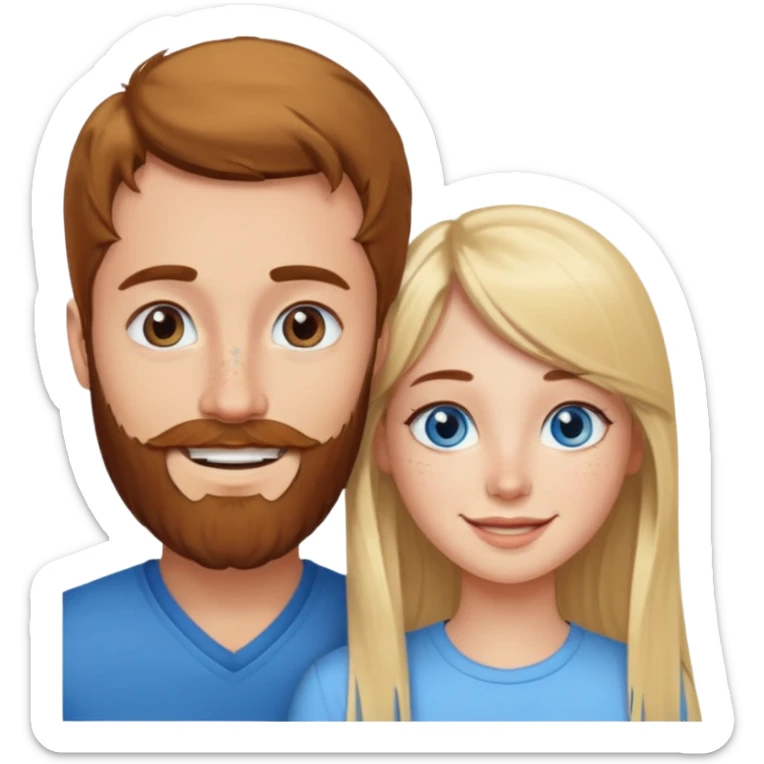 Woman with blue eyes and long blond hair and a bang in love with brown hait man with beard and freckles sticker