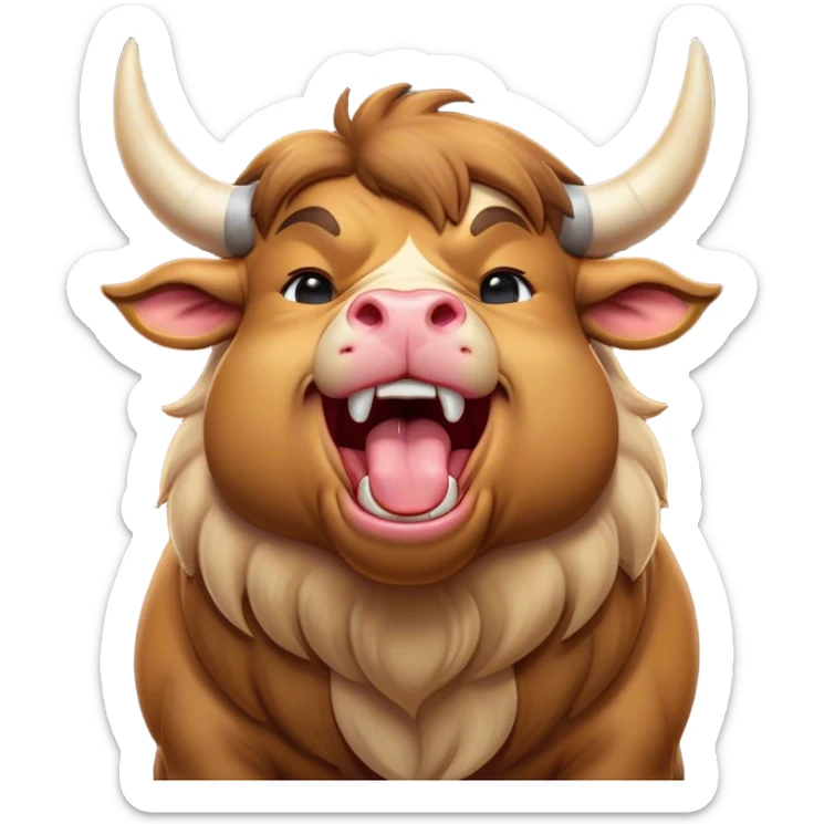 Cinematic Cute Yawning Domestic Bull Portrait Emoji, Head tilted slightly with a dramatic, wide-open yawn, showcasing a robust, muscular frame with a soft, downy coat and subtly drooping horns, round eyes barely open in drowsy contentment, Simplified yet irresistibly adorable features, highly detailed, glowing with a soft, cozy natural glow, high shine, relaxed yet expressive, stylized with a dash of rustic whimsy, soft glowing outline, capturing the essence of a sleepy yet affectionate domestic bull that seems ready to stretch out and settle for a nap! sticker