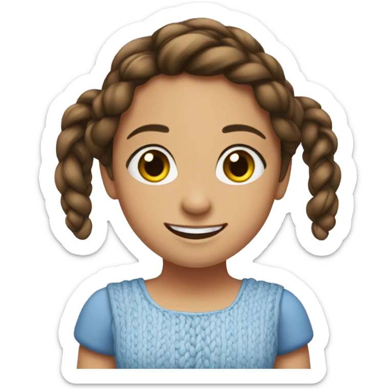 The girl is brunette, with braided hair, brown eyes, smiling. She is wearing a blue dress sticker