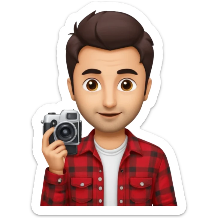 generate a pretty bratz emoji 
Make her look like Ranbir kapoor wearing a red flannel shirt,with white tee underneath. smirking and carrying a camera

he should look exactly  like ranbir kapoor!  sticker