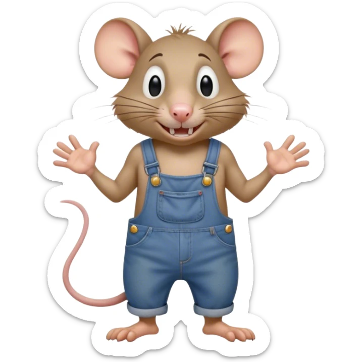 Not smiling.  disheveled dizzy cartoon hillbilly rat wearing overalls no shirt. standing and talking full body. human eyes. teeth showing talking. walking talking moving arms. reacting upset sticker