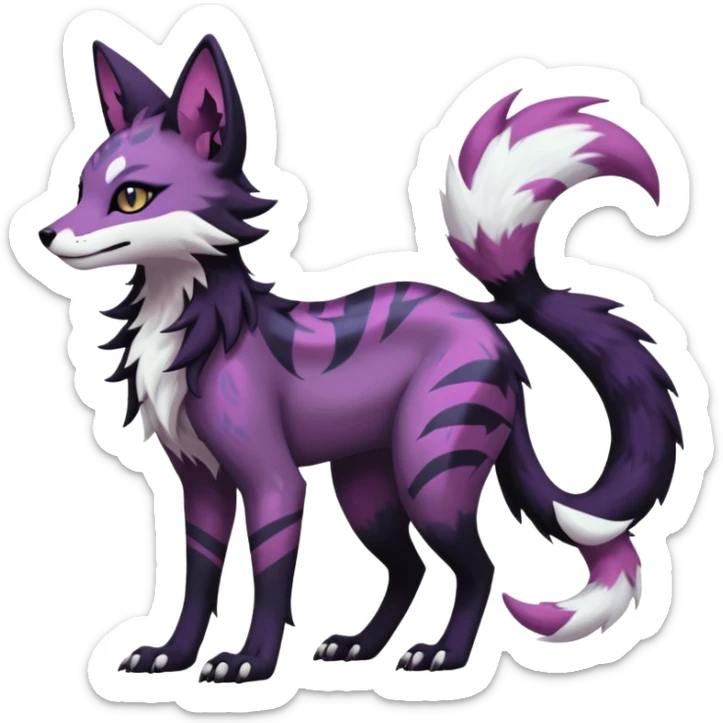 Kawaii dark black purplish blackish edgy fantasy ethereal feline-vernid-sergal-monster-furret-Lycanroc-umbreon-fursona animal creature full body with intricate markings  sticker
