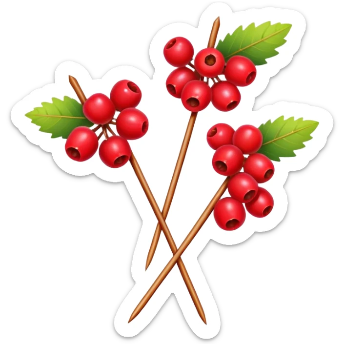 Northeast China candied hawthorn sticks tanghulu bright red fruits on skewer, simplified emoji style with bold outlines and bright colors, cartoon style sugar-coated berries sticker