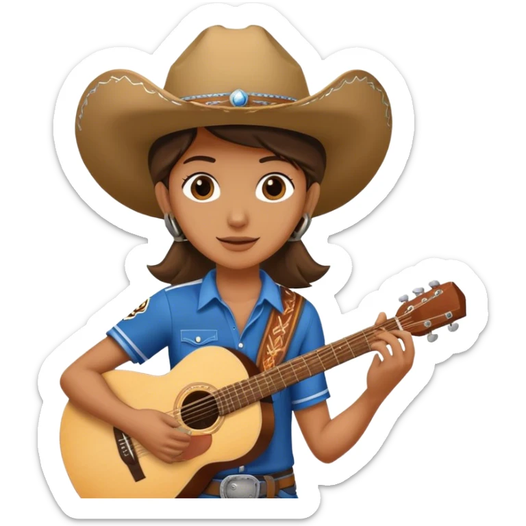 A country music singer, holding a guitar and a soccer ball wearing a cowboy hat sticker