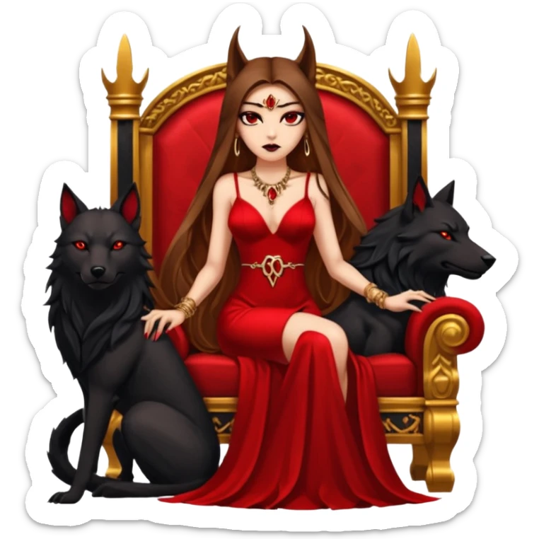 Caramel skin toned Lilith symbol seductress evil brown straight long hair haired, sexy succubus woman with red and black Chanel dress sitting on a Black and gold throne. A large black wolf laying beside he sticker