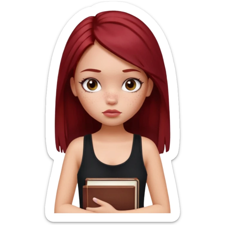 a pretty bratz fair girl with dark red straight hair, black cami top, looking sad holding books sticker