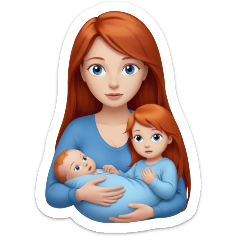 A red head with long straight hair, she has blue eyes with big boobs and a baby boy with blue eyes sticker