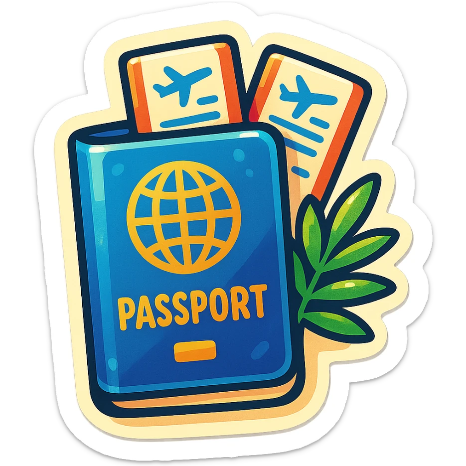 retro sticker-style illustration of a passport with two airline tickets sticking out, with a small palm tree or tropical leaf next to the passport, bold outlines, juicy colors, expressive shadows and highlights, playful and glossy look sticker