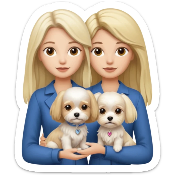 two women are holding only one Maltese dog. one woman is brunette the other woman is blonde long haired  sticker