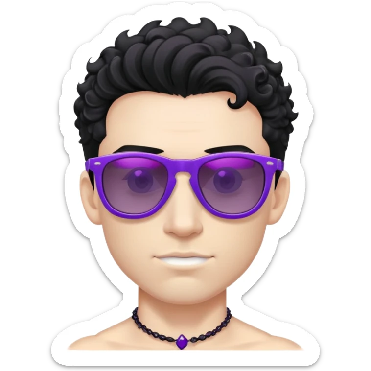 shirtless male athlete with white skin and moderately curly black hair on top with shaved sides, wearing purple sunglasses with black tinted lenses and a shiny black necklace sticker