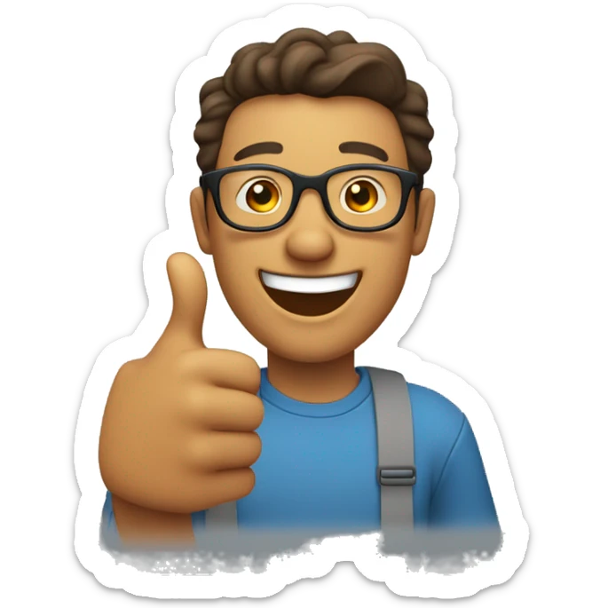 A man with glasses smiling broadly as he raises his thumb in a sign of joy and confidence. His glasses shine with flashes of happiness in the gif. sticker