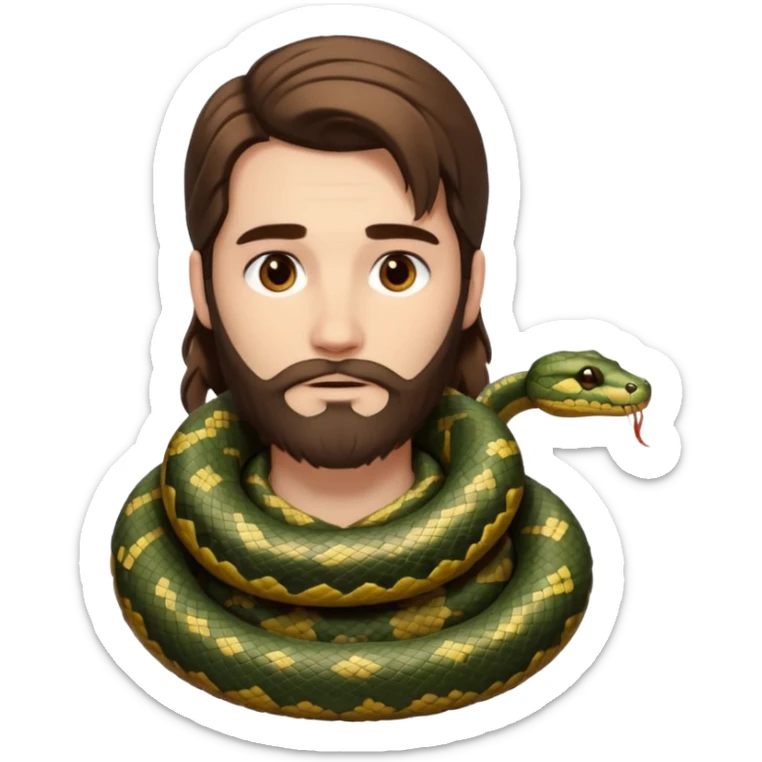 portrait man long brown hair brown eyes medium beard white skin with snake wrapped around neck calmly sticker