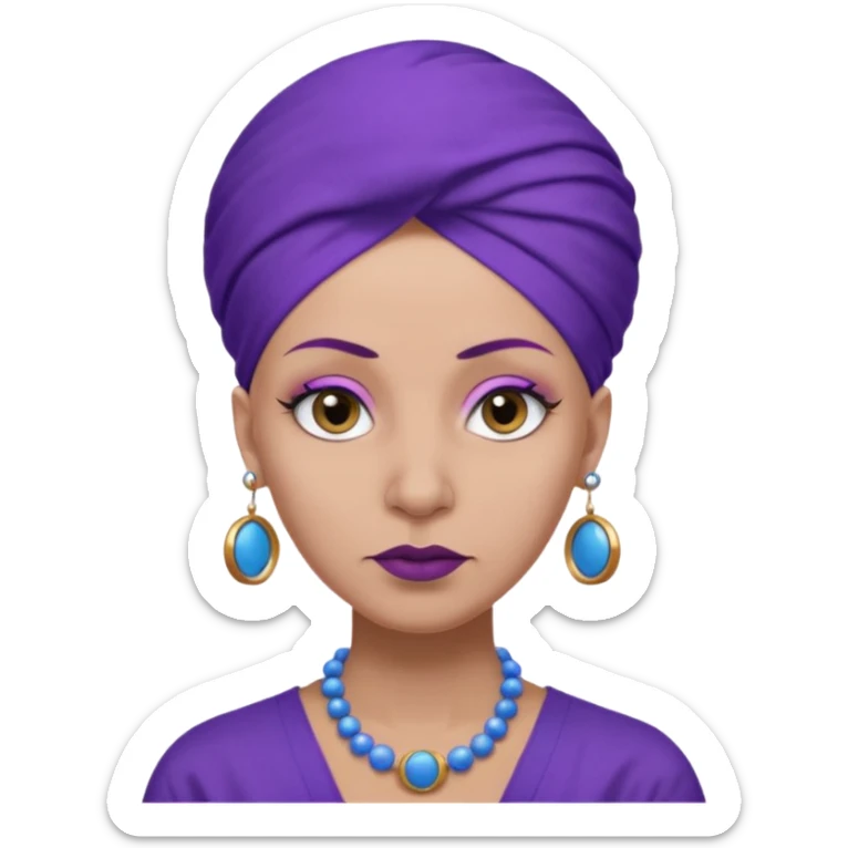 make her skin purple, she has no hair and her eyelashes are huge and she's old and and mean looking with a purple turban with big blue circle earrings and a purple big collared shirt sticker