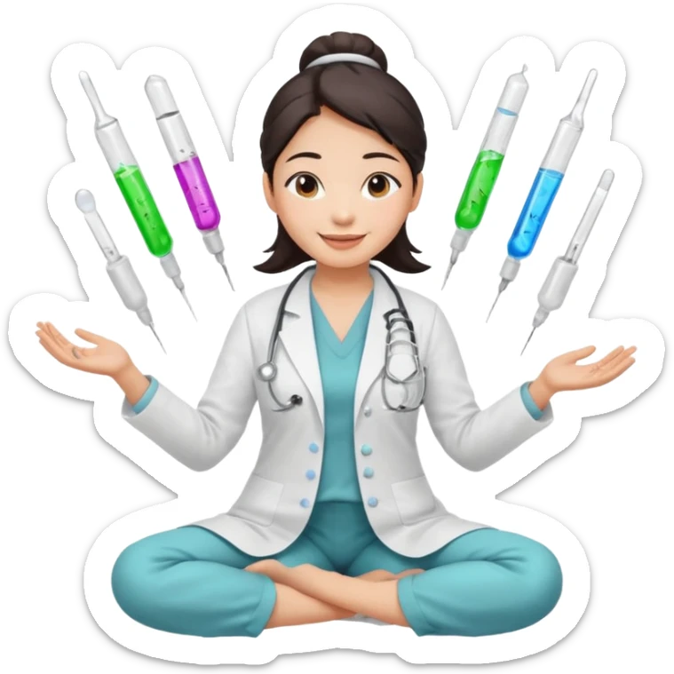 emoji of an asian woman with a single bun in a white lab coat sitting cross legged with a pipettes levitating in an arc around her head sticker