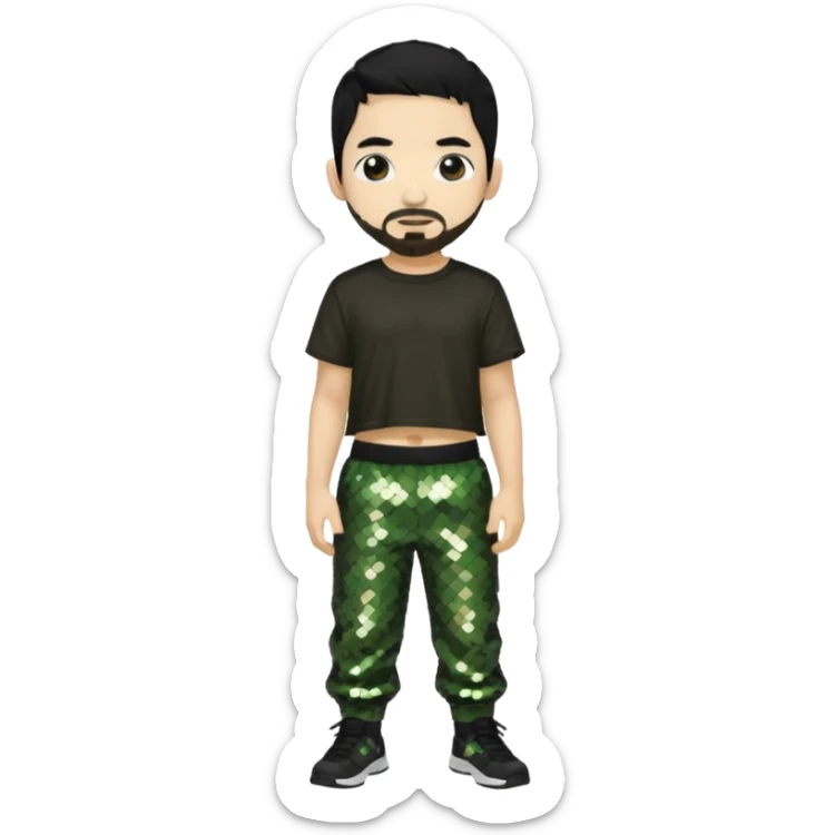 Mike Shinoda with black hair, black sequin crop top, olive sequin baggy pants sticker