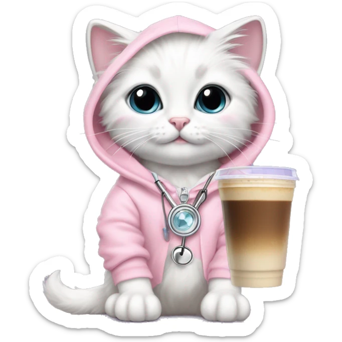 White rag doll kitten wearing a fancy light pink hoodie and a diamond filled stethoscope necklace with iced coffee  sticker