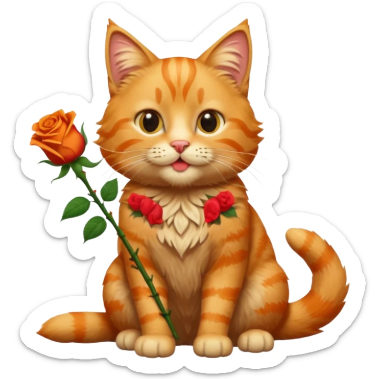 A fluffy, orange tabby cat fuul body, having a rose in it's mouth, and looked like he came from outside. sticker
