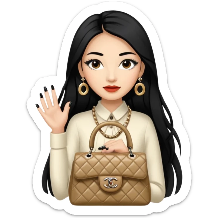 on est à Dubaï une chinoise avec des très très très beaux ongles et des très très très long  faux cils avec des sacs Chanel et un vêtement Chanel sticker
