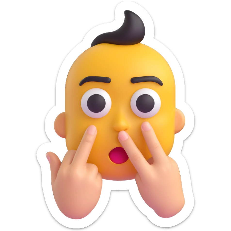 3D emoji of a face with raised eyebrows and finger over mouth, signaling silence sticker
